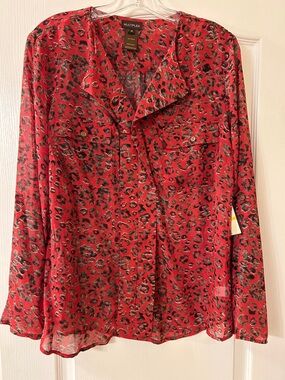 Multiples Red and Black Leopard Print Button-Front Blouse